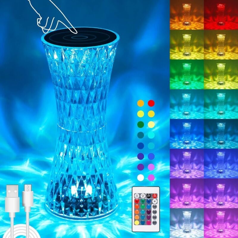 Thumbnail - Kristall-LED-Tischlampe, moderne kabellose, dimmbare Nachttischlampe mit Fernbedienung, 16 Farben und 4 Modi, wiederaufl...