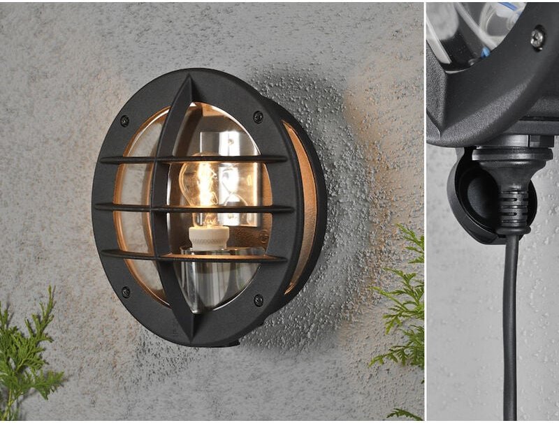 Meinewunschleuchte - led Außenwandleuchte mit Steckdose, Alu Schwarz & Klarglas, ø 31cm