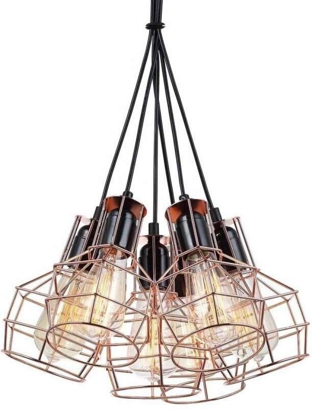 Italux Perifo - Industrie- und Retro-hängender Anhänger schwarz, Kupfer 6 Licht mit Drahtschirm, E27