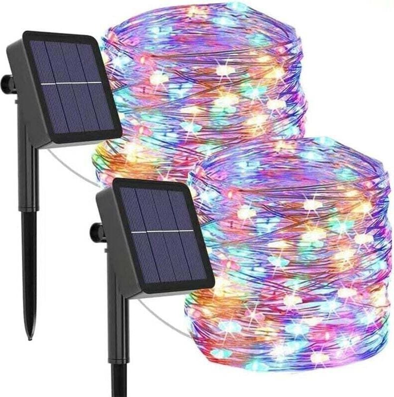 Set mit 2 farbenfrohen Solar-Lichterketten für den Außenbereich, 12 m lang, 100 LEDs, 8 Modi, wasserdicht, Kupferdraht, ...