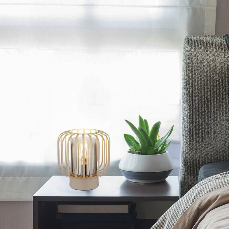 Tischleuchte Rauchglas Nachttischlampe sand Wohnzimmerleuchte Metallstäbe Retro, E27 Fassung, DxH 18x19 cm