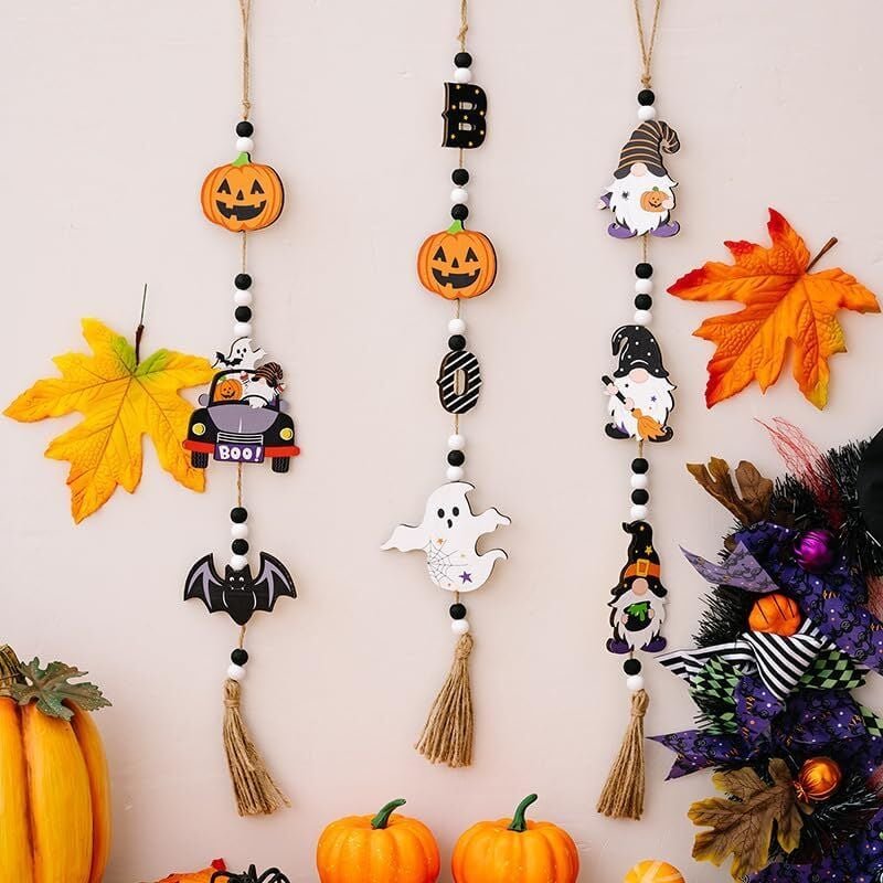 DOLASO 3er-Pack Halloween-Holzperlen-Paneele – Herbst-Holzperlengirlande – Pompom, Fledermaus, Geist – Wanddekoration fü...