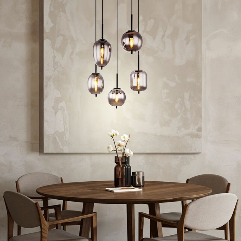 Pendellampe Esstischleuchte Rauchglas Hängelampe Wohnzimmerleuchte 5 flammig, Metall schwarz, 5x E14, DxH 57,5x150 cm