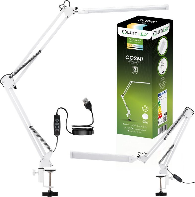 COSMI 8W CCT USB-dimmbare LED-Schreibtischlampe, Weiß mit Lumiled-Halterung