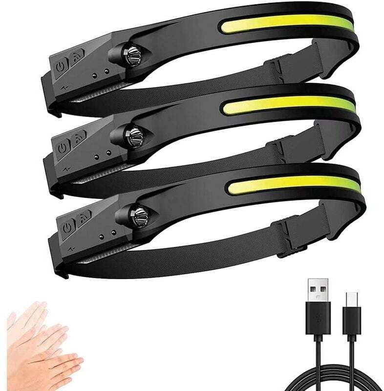 Stirnlampe, leistungsstarke USB-wiederaufladbare LED-Stirnlampe mit 350 lm, 3 Beleuchtungsmodi, manuelle Induktion, wass...