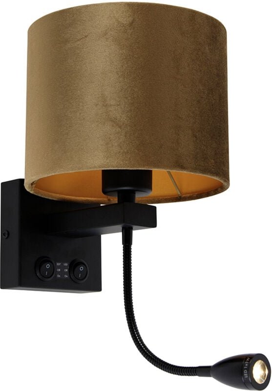 Wandleuchte Schwarz mit Bronze-Samt-Schirm 18cm - Brescia