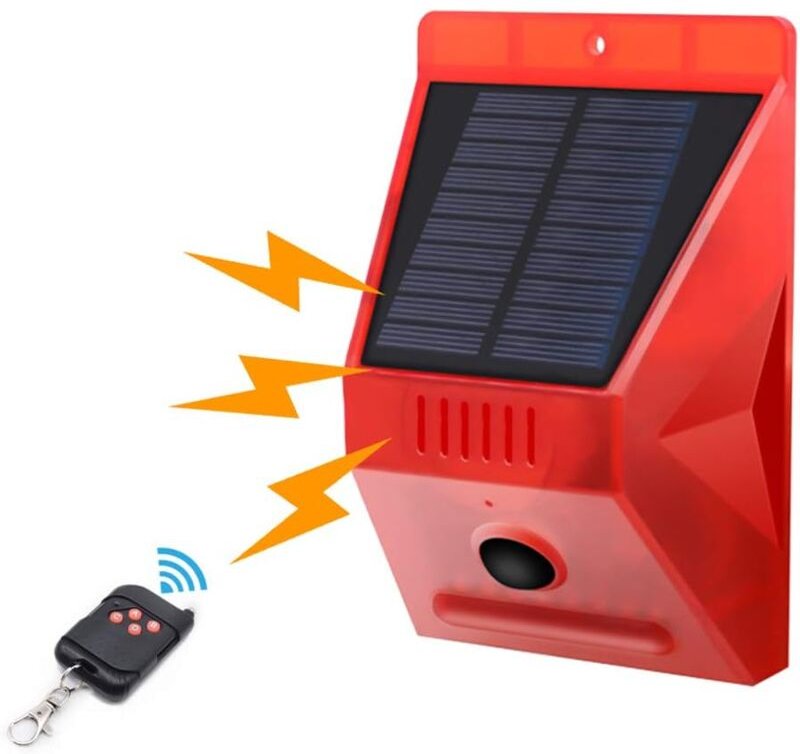 Thumbnail - Solar-Blitzlicht mit Bewegungsmelder, IP65, wasserdichter LED-Solar-Alarmmelder mit Fernbedienung, 129 dB Schallsicherhe...