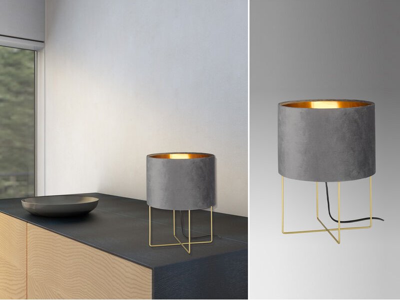 Thumbnail - Meinewunschleuchte - led Tischlampe mit Lampenschirm Samt Grau - innen Gold, Höhe 32cm