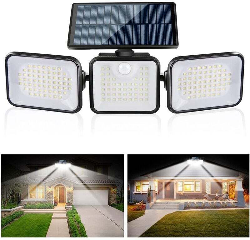 Solarbetriebene Außenleuchte mit Bewegungsmelder, 3 Leuchtenköpfe, 180 LEDs, IP65 wasserdicht, 3 Modi, Solar-LED-Gartens...