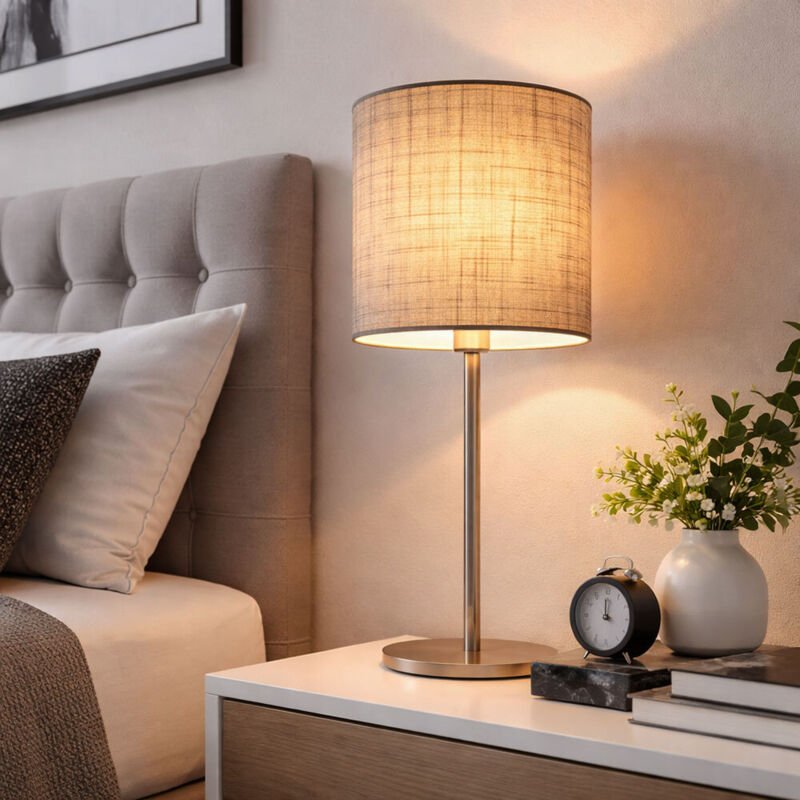 Thumbnail - Tischleuchte Beistelllampe Wohnzimmerleuchte Stoffschirm Tischlampe Nachttischleuchte, Nickel grau Textil, 1x LED 9W 810...