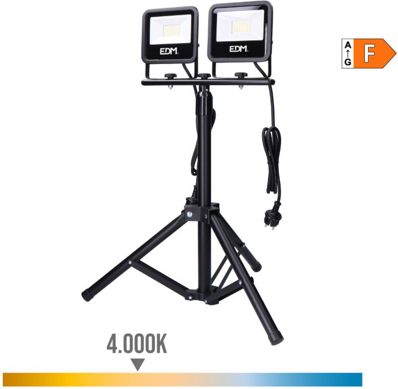 EDM - led Strahler mit Stativ, 2x30W, 2x2370lm, 4000K, Tageslicht, Black Series 70415