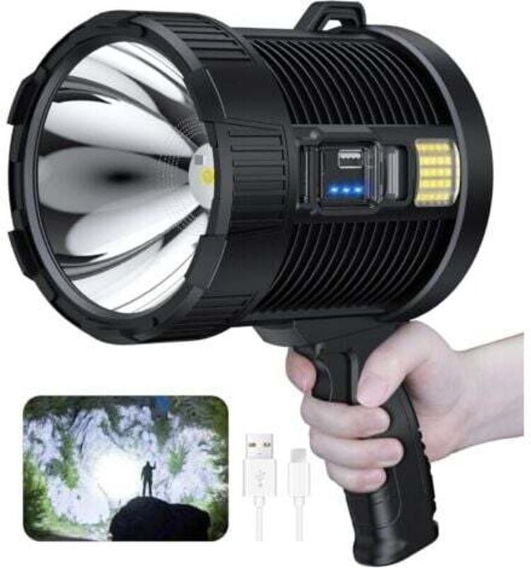 Thumbnail - Wiederaufladbarer Strahler, 100.000 Lumen, LED-Handstrahler, große Taschenlampe, superheller Solar-Außenstrahler, 6 Modi...