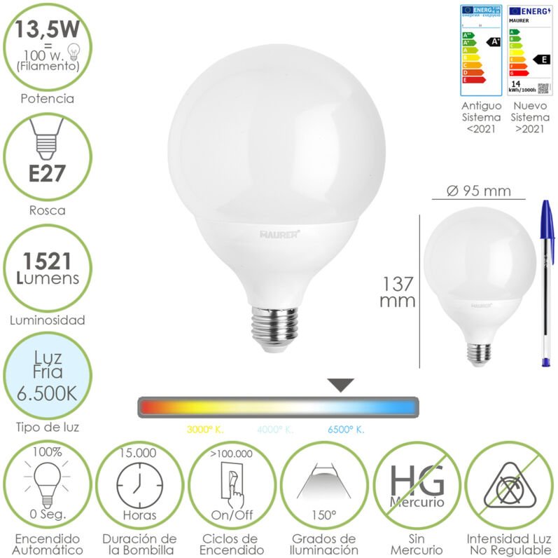 Maurer - Bombilla Led Esfera Globo E27. 13,5 Watt. Equivale a 100 Watt. 1521 Lumenes. Luz Fria 6500º k.