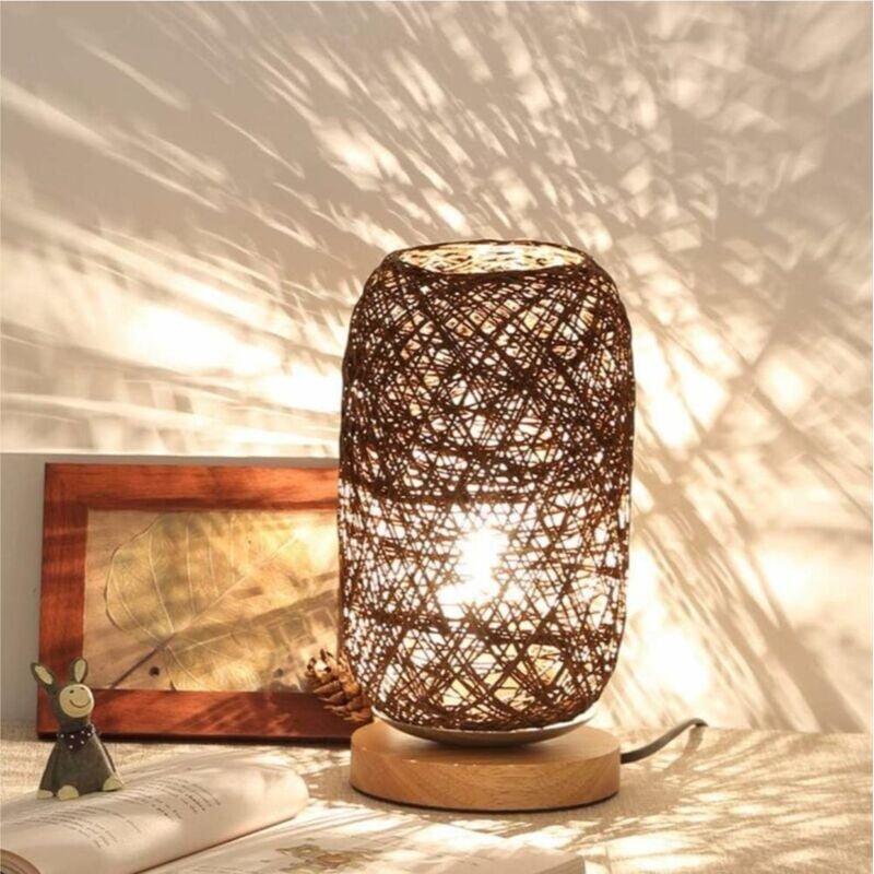 Nachttischlampe aus Rattankabel mit Holzständer Braun