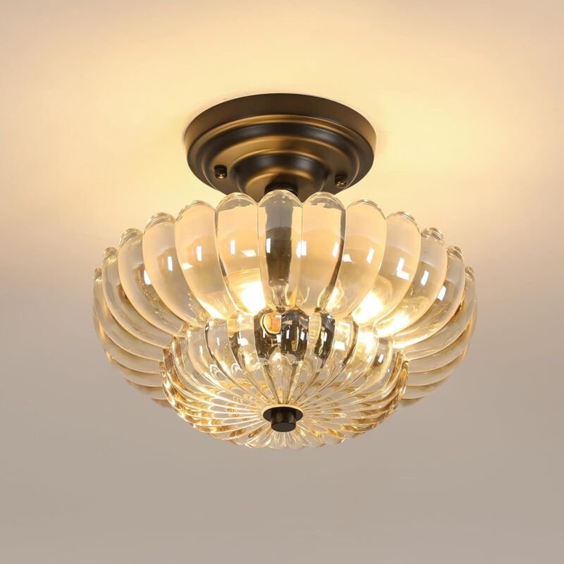 GOECO Designer-Glas-Deckenleuchte, Schwarz und Bernstein, 30 x 30 cm, 3 E27-Fassungen (Leuchtmittel nicht enthalten), fü...