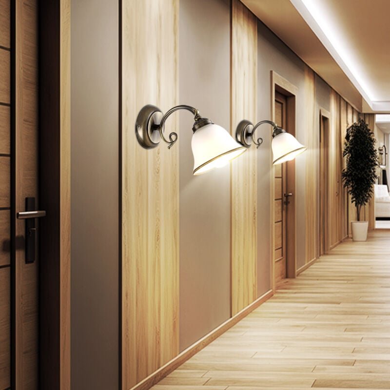 2er Set Wand Leuchten Wohn Zimmer Glas Lese Beleuchtung satiniert Alt Messing Dielen Lampen