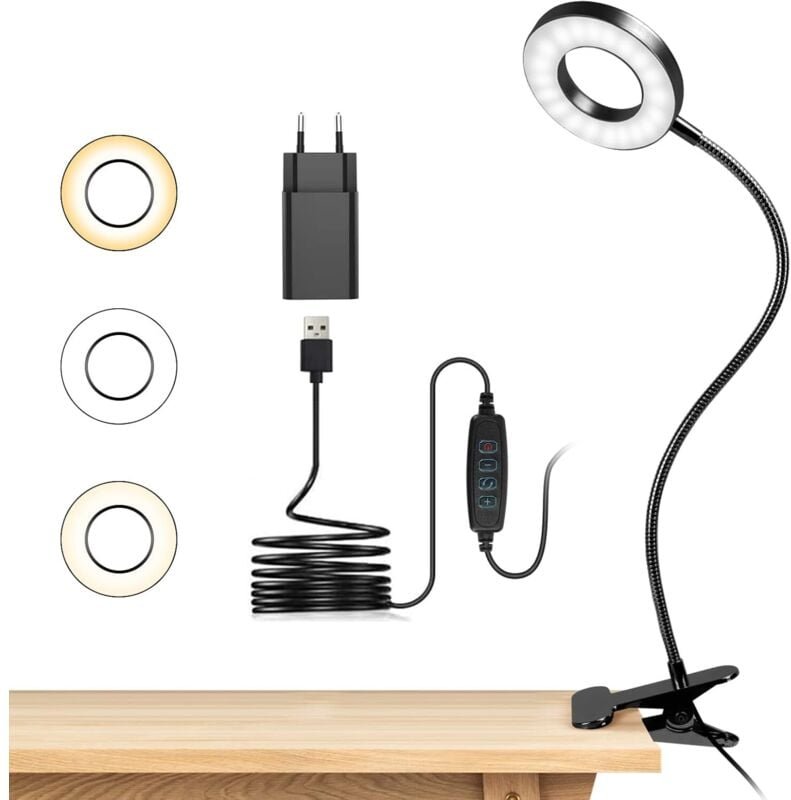 Flexible 360°-Klemm-Schreibtischlampe mit 48 LEDs, 3 Beleuchtungsmodi und 10 Helligkeitsstufen, USB-Stromversorgung für ...