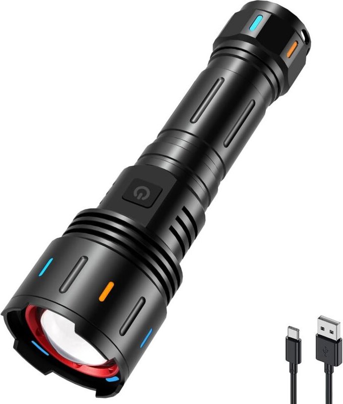 Wiederaufladbare Zoom-Taschenlampe F60, 6000 Lumen superhelle LED-Taschenlampe, 5 Zoommodi, wasserdichte taktische Tasch...