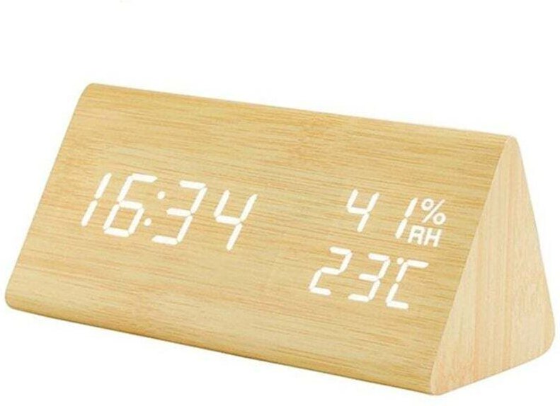 Gabrielle - Dreieckiger Holzwecker, kreative Klangsteuerung, LED-Temperatur und Luftfeuchtigkeit, Holz, digitale elektro...