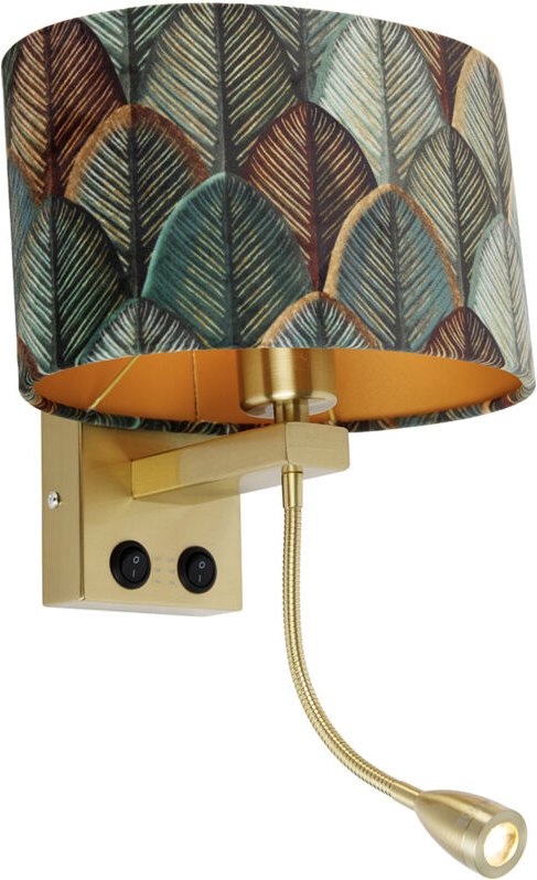 Wandleuchte Messing mit ovalem Samtschirm Blattdesign 25cm - Brescia Combi