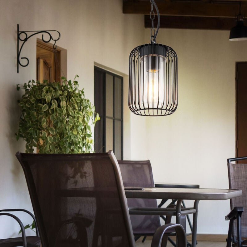 Led Pendelleuchte Außenlampe Gartenleuchte Hängelampe Edelstahl, Metallstäbe schwarz klar, E27 Filament led warmweiß, Dx...