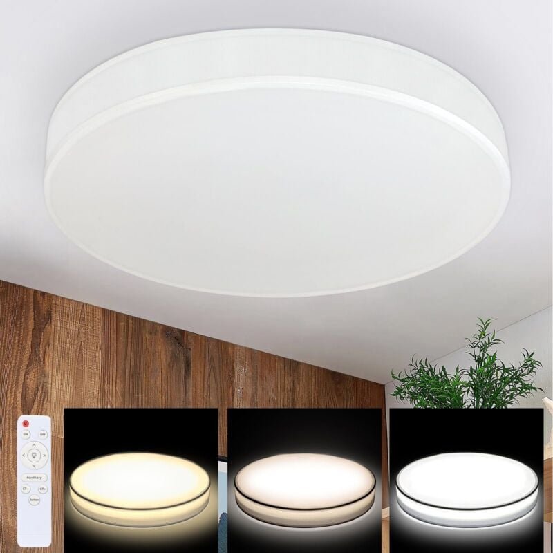 Deckenlampe led Deckenleuchte Wohnzimmer Dimmbar mit Fernbedienung Rund Weiß Stoff Schlafzimmerlampe Lampe mit Stoffschi...