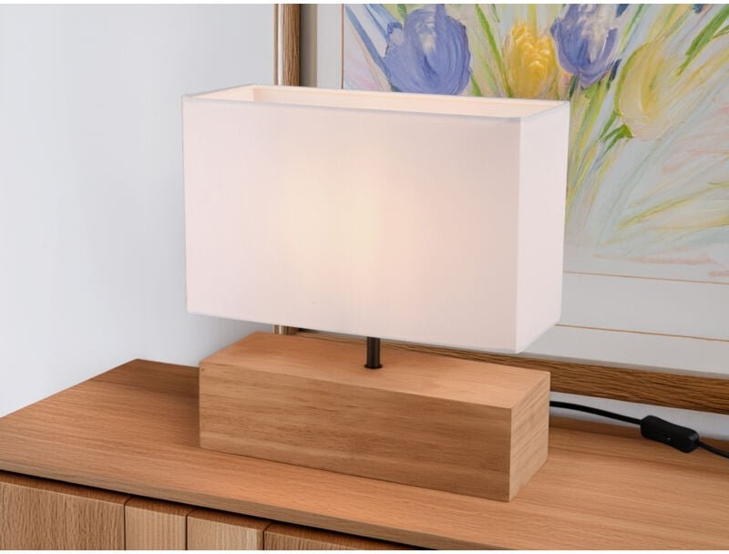 Trio Lighting - Tischleuchte woody Holzfuß mit Stoffschirm in Weiß, Höhe 30cm
