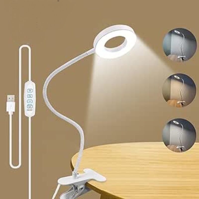 Schreibtischlampe, 3 Leuchtmodi, Leselampe zum Anklemmen zum Lesen und Arbeiten, mit USB-Ladegerät, 360 Grad drehbarer L...