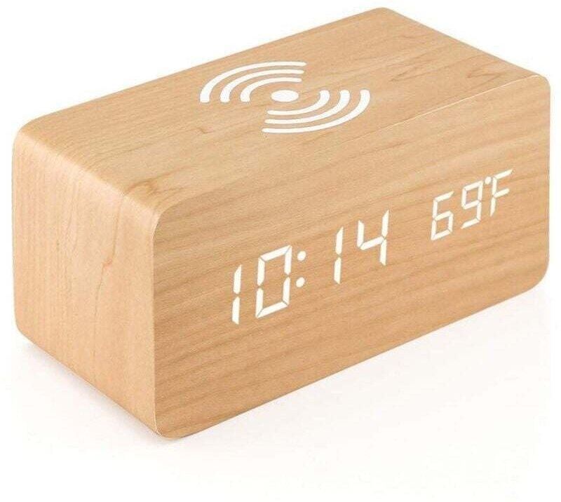 Digitaler Wecker aus Holz mit kabelloser Ladestation, 5-W-Schnellladegerät, Sprachsteuerung, für Schlafzimmer, Zuhause u...