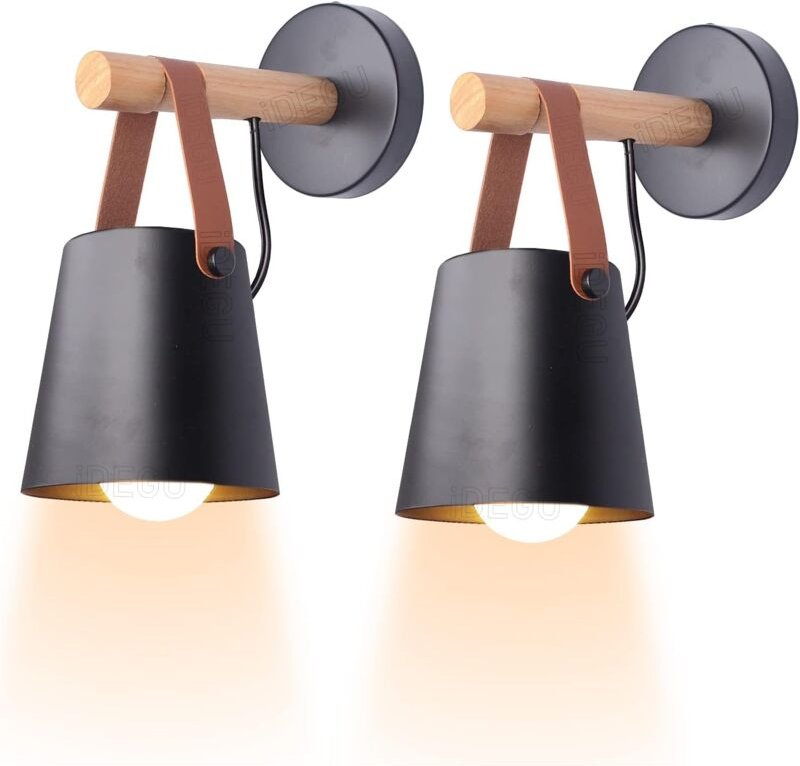 Set aus 2 minimalistischen Vintage-Innenwandleuchten, moderne E27-Wandleuchte mit Metallschirm und Holzhalterung für Sch...