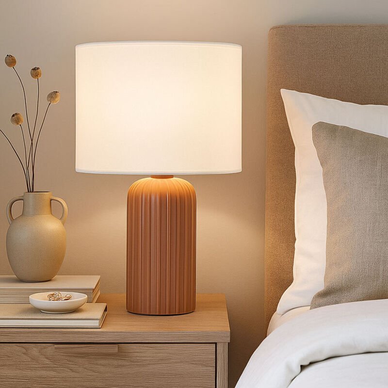 Thumbnail - Tischleuchte Keramik mokka Tischlampe Textilschirm weiß Wohnzimmerleuchte, Kabelschalter, 1x E27 Fassung, DxH 20x36 cm