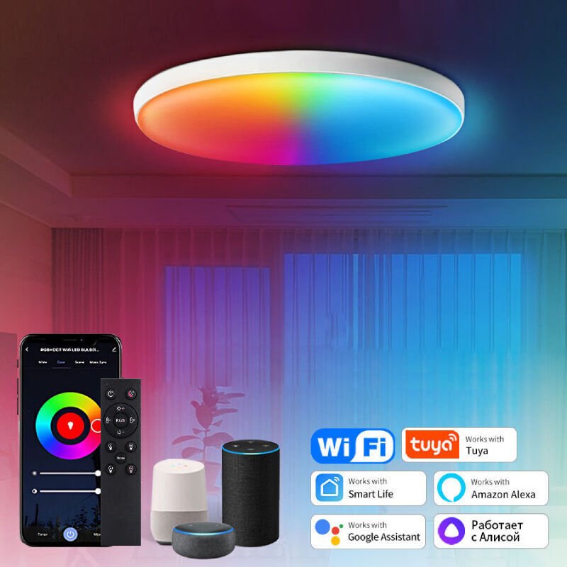 24W RGB kabellose LED-Deckenleuchte, modernes und rundes Design, dimmbar, 3000-6500K, mit Fernbedienung und App.
