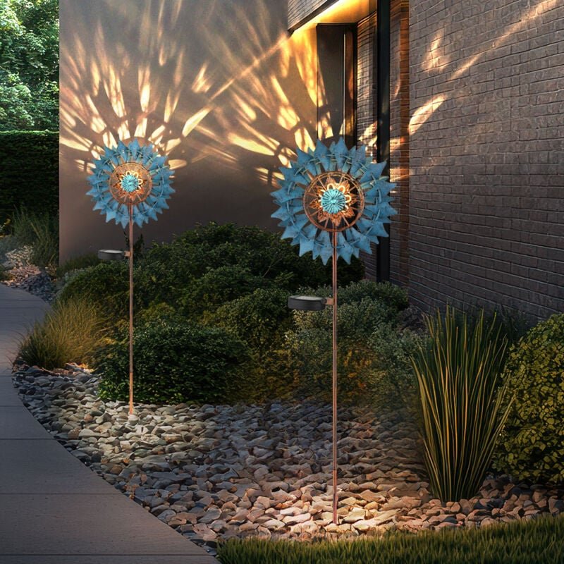Gartendeko Windrad led Solarleuchte Terrassenlampe Außenlampe Erdspieß, gold blau antik, Bruchglas, LxH 22,5 x 92 cm, 2e...