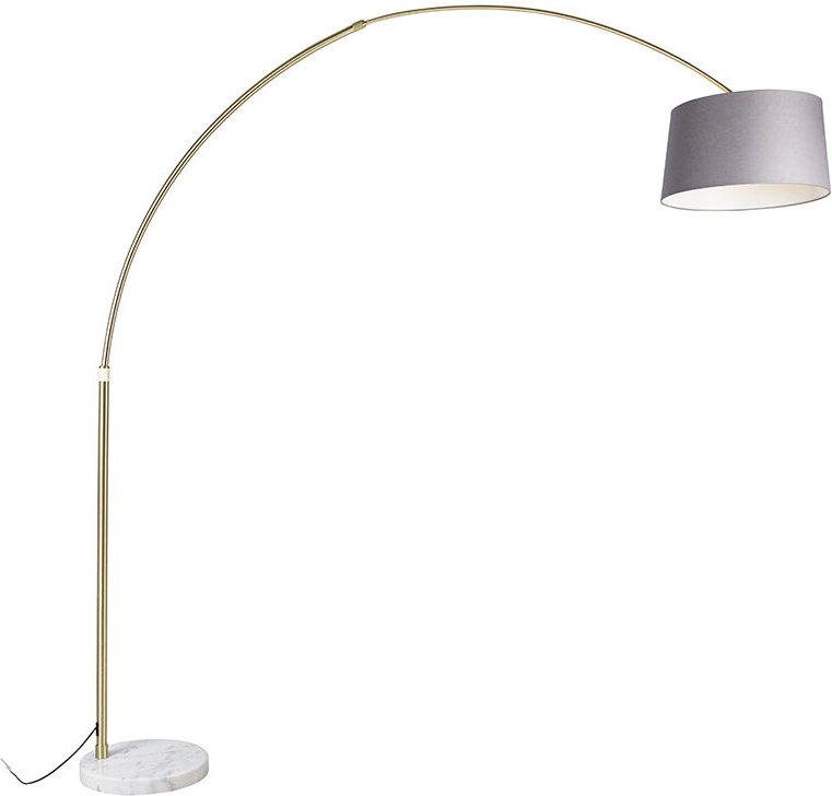 Bogenlampe Messing mit Marmorstoffschirm grau 45 cm - XXL