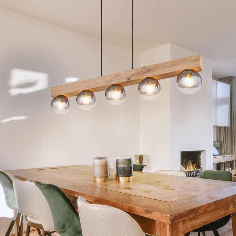 Pendelleuchte Hängelampe Wohnzimmerleuchte Glaskugeln Pendellampe schwarz Holzoptik, 5 flammig, Metall mdf, 5x E27 Fassu...