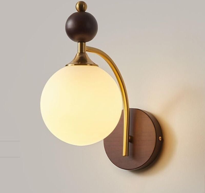 Glaskugel-Wandleuchte, Retro-Wandlampe aus Holz, Mid-Century Modern Minimalist Nordic-Wandlampe, Wandlaterne für