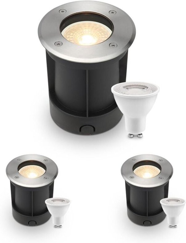 LED Bodeneinbaustrahler rund Edelstahl 230V IP67 - Leuchtmittel: GU10 4W 2700K - Anzahl: 3x