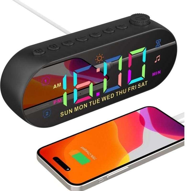 Aiperq - Digitaler Wecker für Schlafzimmer, Wecklicht, batteriebetriebener Farb-LED-Wecker mit Schlummerfunktion, UKW-Ra...