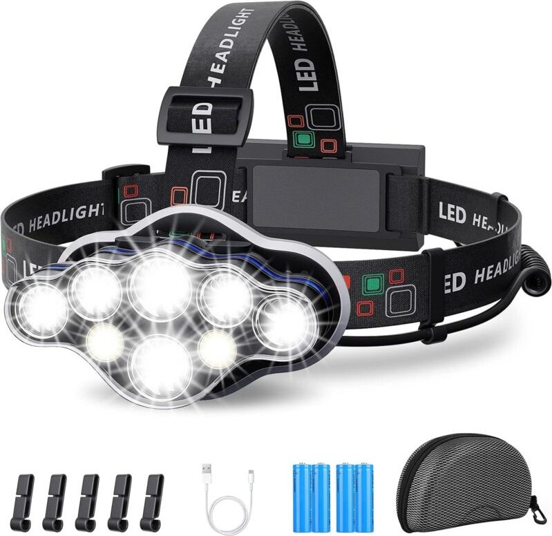 Stirnlampe, 18000 Lumen, 8 LEDs, 8 Leuchtmodi, extrem leistungsstark, USB-wiederaufladbar, 90° verstellbar, wasserdicht ...