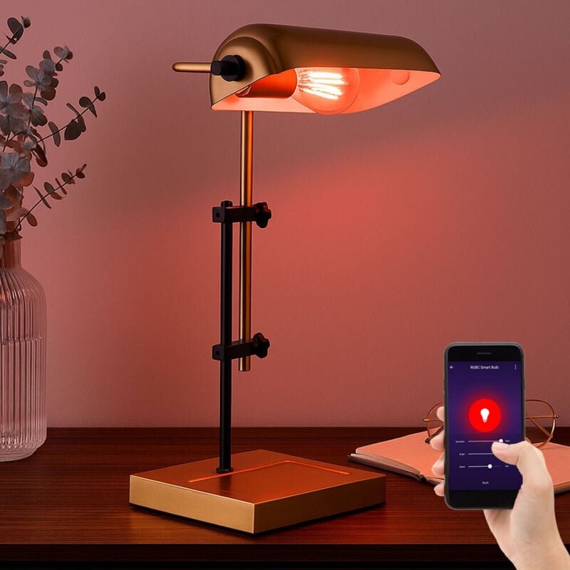 Smart Home Tischleuchte dimmbar Tischlampe Leseleuchte Schlafzimmerlampe Bankerleuchte, goldfarben schwarz, 1x RGB LED 5...