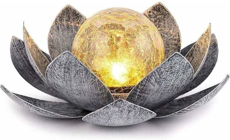 Thumbnail - Solar-Gartenleuchten für den Außenbereich, bernsteinfarbene, gesprungene Kugel-Lotus-Dekoration aus Glas, wasserdichte L...