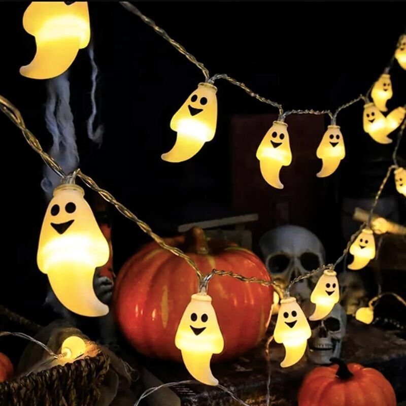 Halloween-Lichterkette – 3 m, 20 Geister-LEDs mit Timer – Batteriebetrieben – Ideal für Halloween- und Herbstdekoratione...