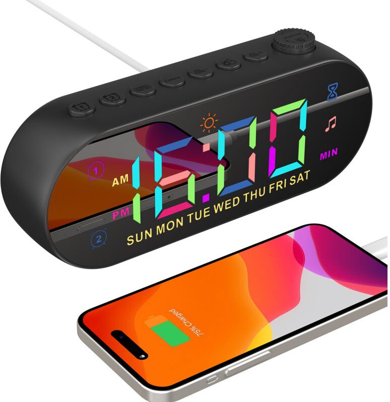 Longziming - Digitaler Wecker für Schlafzimmer, Wecklicht, batteriebetriebener Farb-LED-Wecker mit Schlummerfunktion, FM...