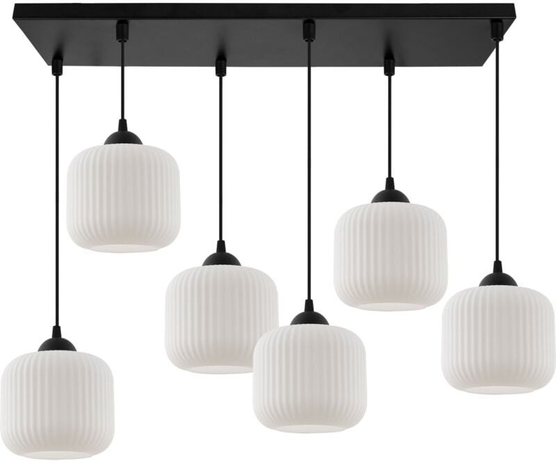 Riffle Hängelampe Schwarz 6 Flache Weisse Zylinderlampenschirme E27