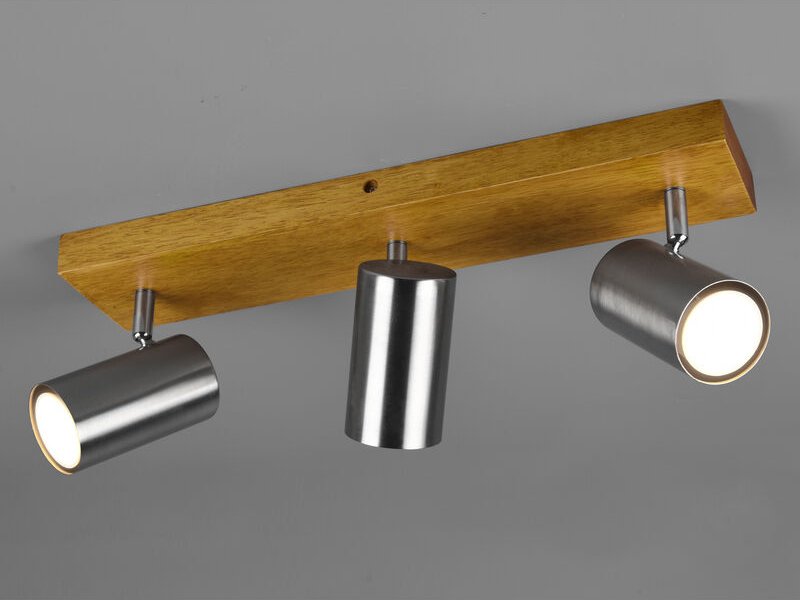 Meinewunschleuchte - led Deckenstrahler Silber mit Holz 3-flammig, Breite 44cm