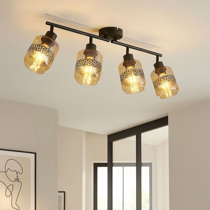 Spotleiste 4-Flammig Retro Deckenleuchte Glas amber Deckenlampe schwarz schwenkbar, Metall, 4x E27 Fassung, LxBxH 70,5x1...