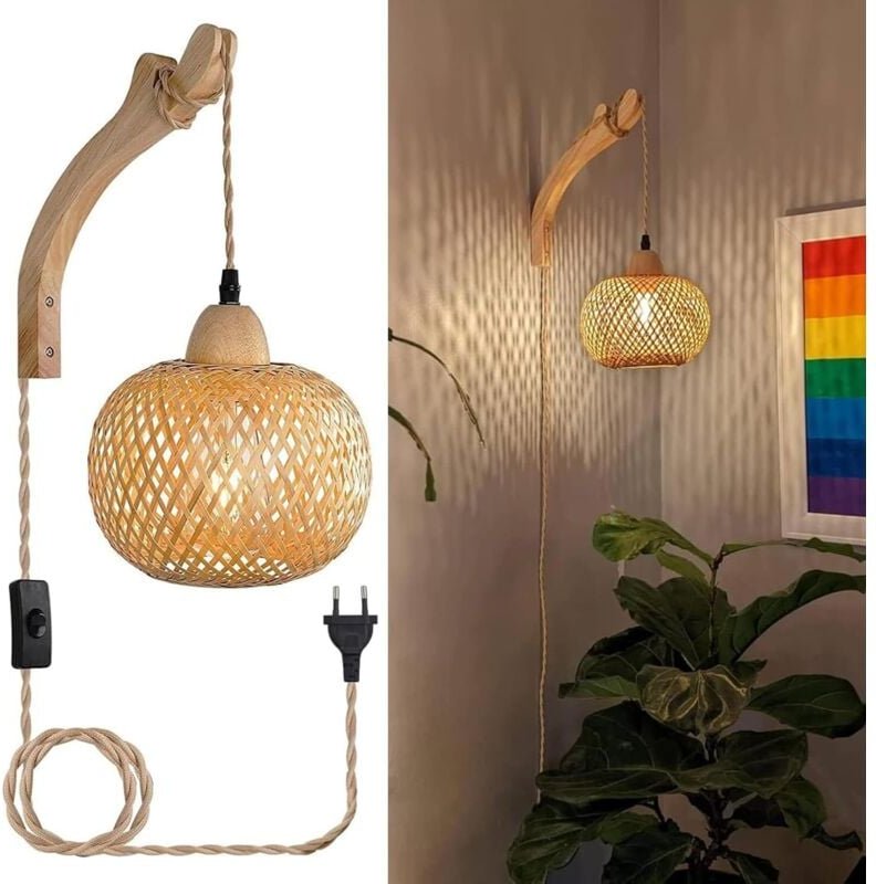 Vintage Wandleuchte aus Holz für den Innenbereich mit Stecker und Schalter, Retro-Bambuslaterne E27, Rattan-Nachttischla...