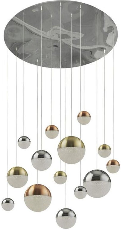 Searchlight Planets 14-Licht-Anhänger Kupfer, Chrom, satinierte Messingkappen und Kristallsand 4000K