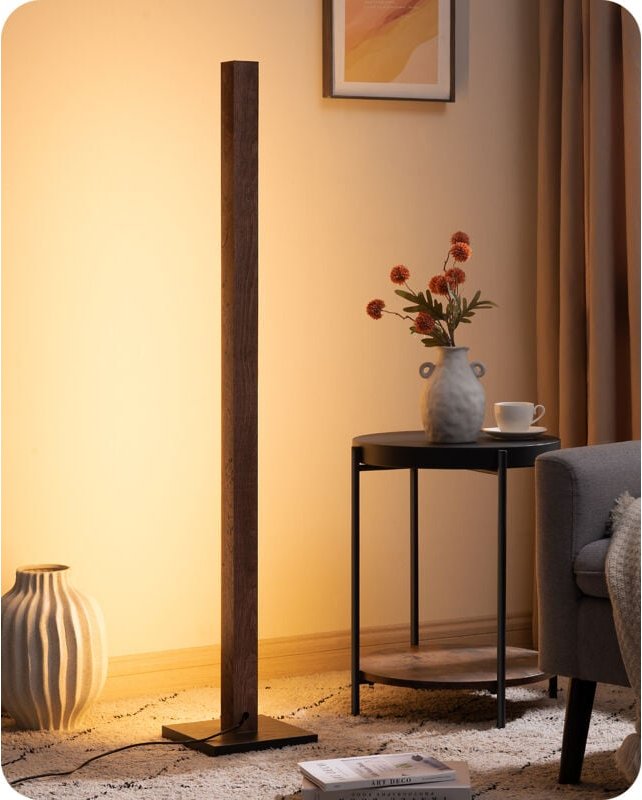 EDISHINE Stehlampe Holz, 18W LED Stehleuchte Dimmbar, 3000K, Vintage Standleuchte mit Fußschalter, 800lm