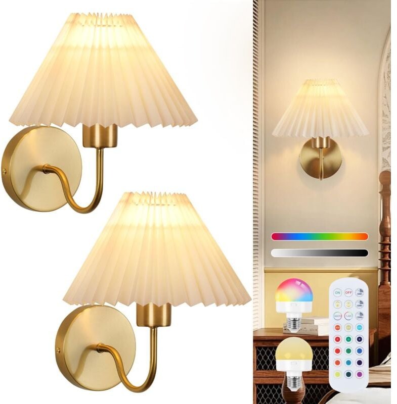 Wandleuchten, 2er-Pack, RGB-Wandleuchten, batteriebetrieben, für Schlafzimmerkommode, klassische goldene Wandlampe mit F...